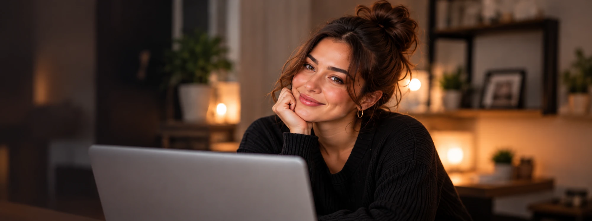 A saleswoman practicing a call on her laptop