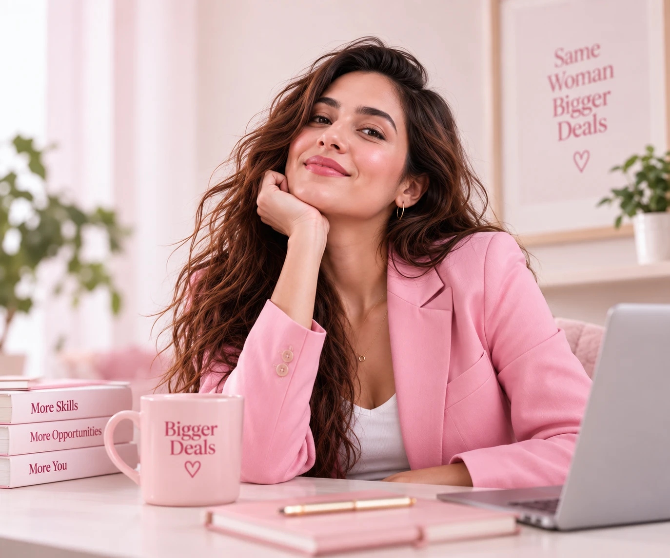 A confident saleswoman in a pink blazer at her desk