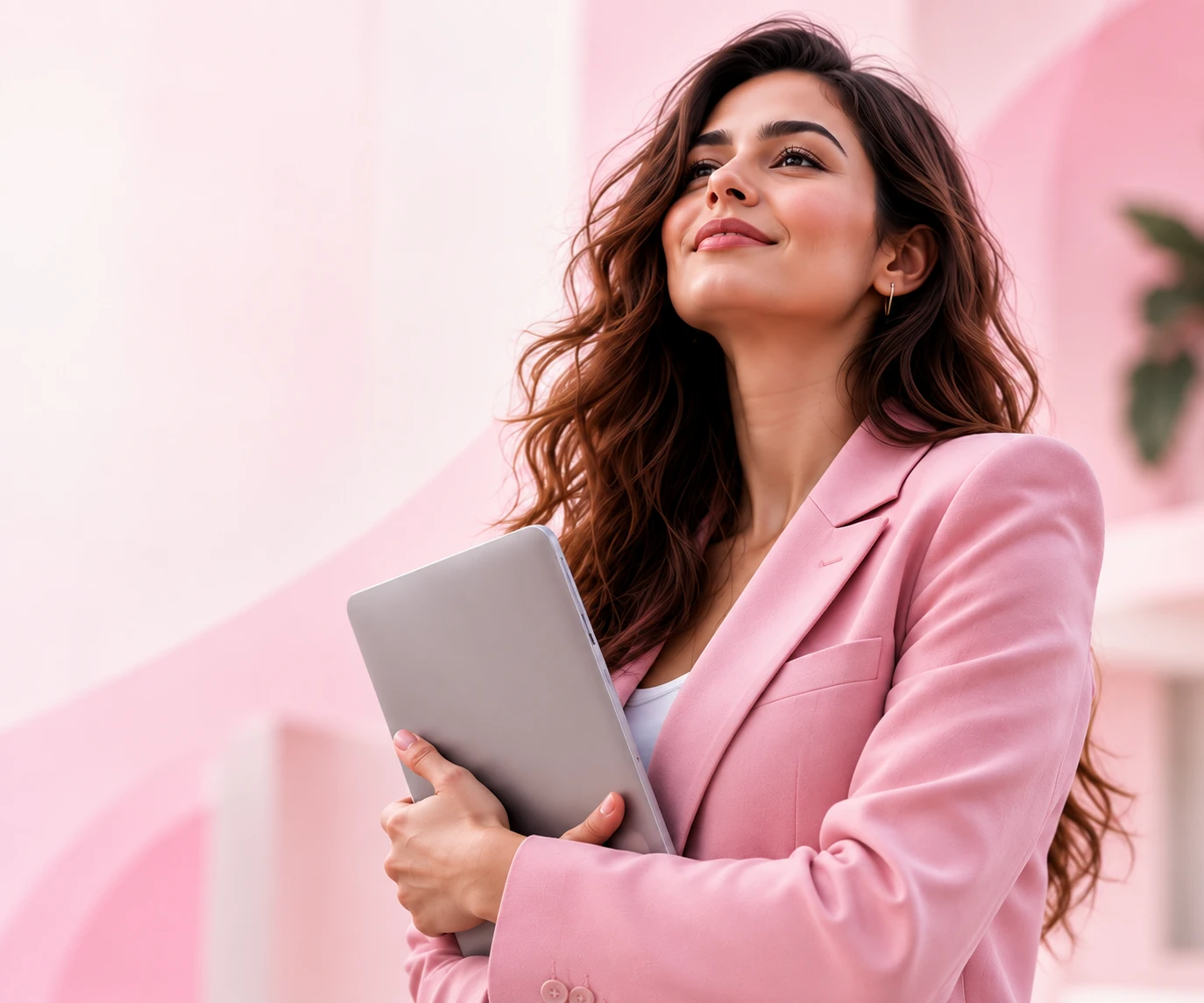 A confident saleswoman holding a tablet