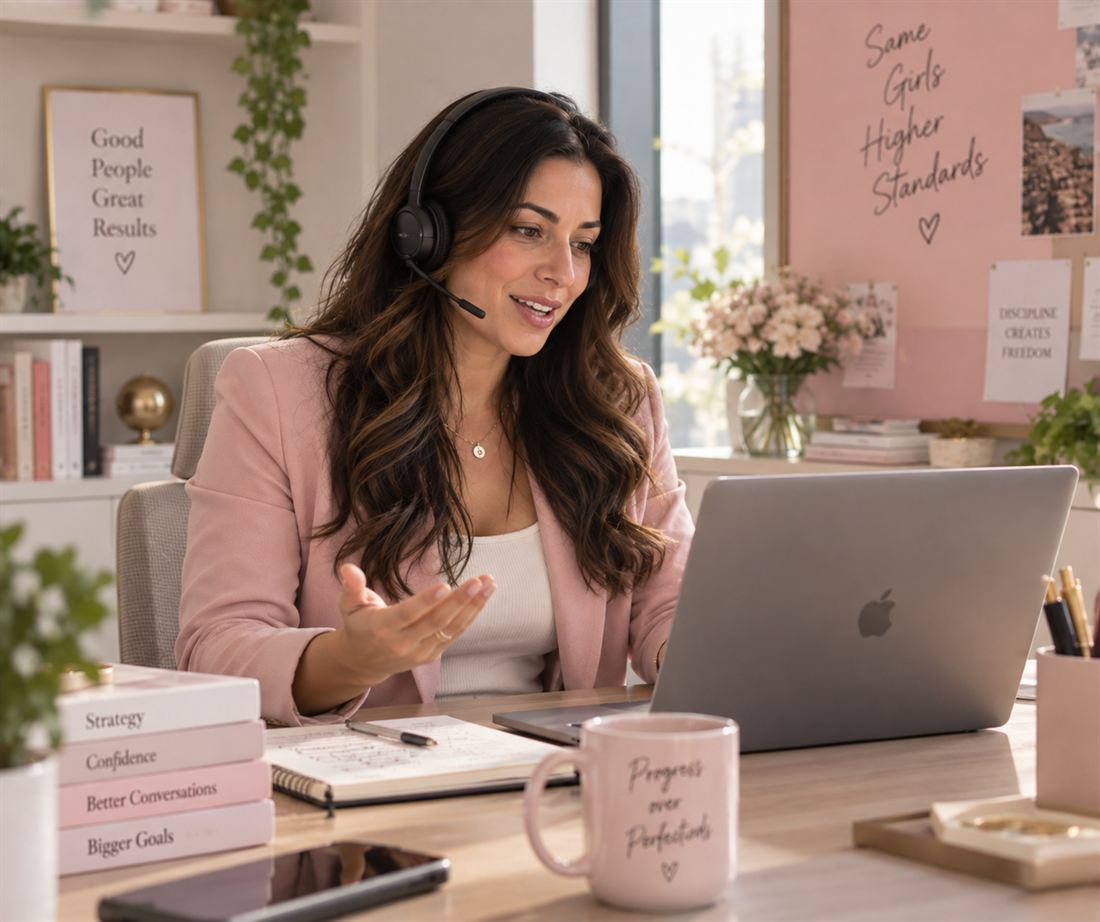 A woman in sales, confident and in charge on a call